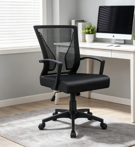 Mid Back Office Chair, Swivel with Lumbar Support, Mesh and Armrests, Black