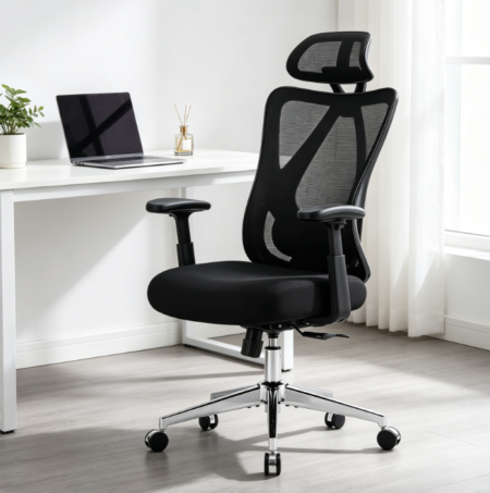 High Back Ergonomic Mesh Chair, Swivel with Wheels, Adjustable Lumbar, Headrest, 2D Arms, 135° Tilt, Black