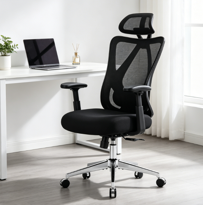 High Back Ergonomic Mesh Chair, Swivel with Wheels, Adjustable Lumbar, Headrest, 2D Arms, 135° Tilt, Black