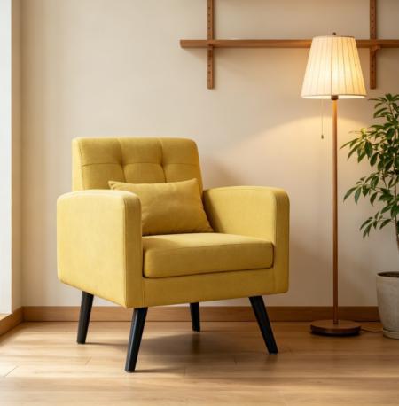 Mid Century Accent Chair, Modern Upholstered, Button Tufted Back, Wood Legs, Yellow