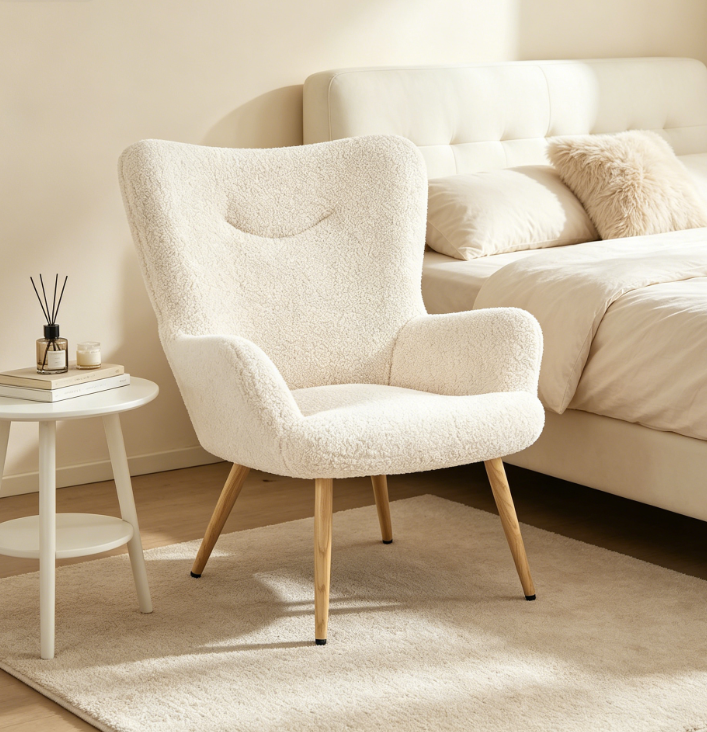 Boucle Vanity Chair, Fluffy Accent Armchair, High Back, Wood-Tone Metal Legs, Soft Barrel Back, Ivory